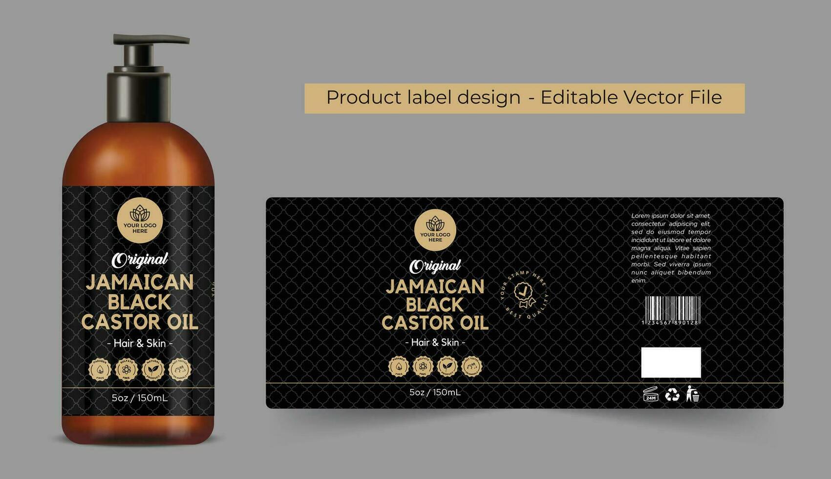 jamaicano negro castor petróleo etiqueta diseño, castor petróleo etiqueta embalaje diseño con botella Bosquejo para pelo cuidado petróleo etiqueta negro y oro cosmético acondicionador etiqueta prima calidad editable vector archivo