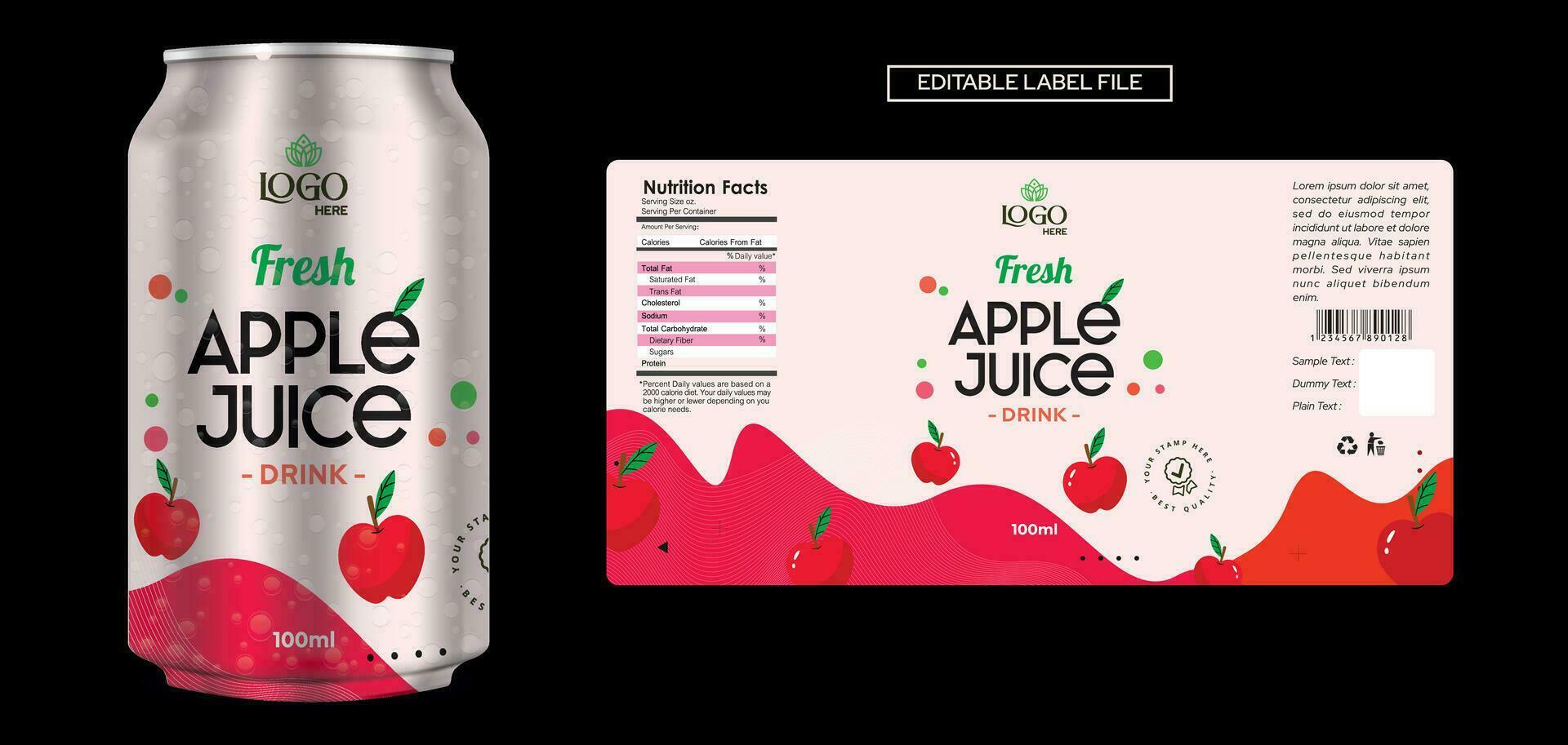 manzana jugo etiqueta diseño fresco, delicioso, llamativo producto diseño para botella embalaje manzana jugo etiqueta diseño para marca editable vector prima calidad etiqueta con lata Bosquejo descargar