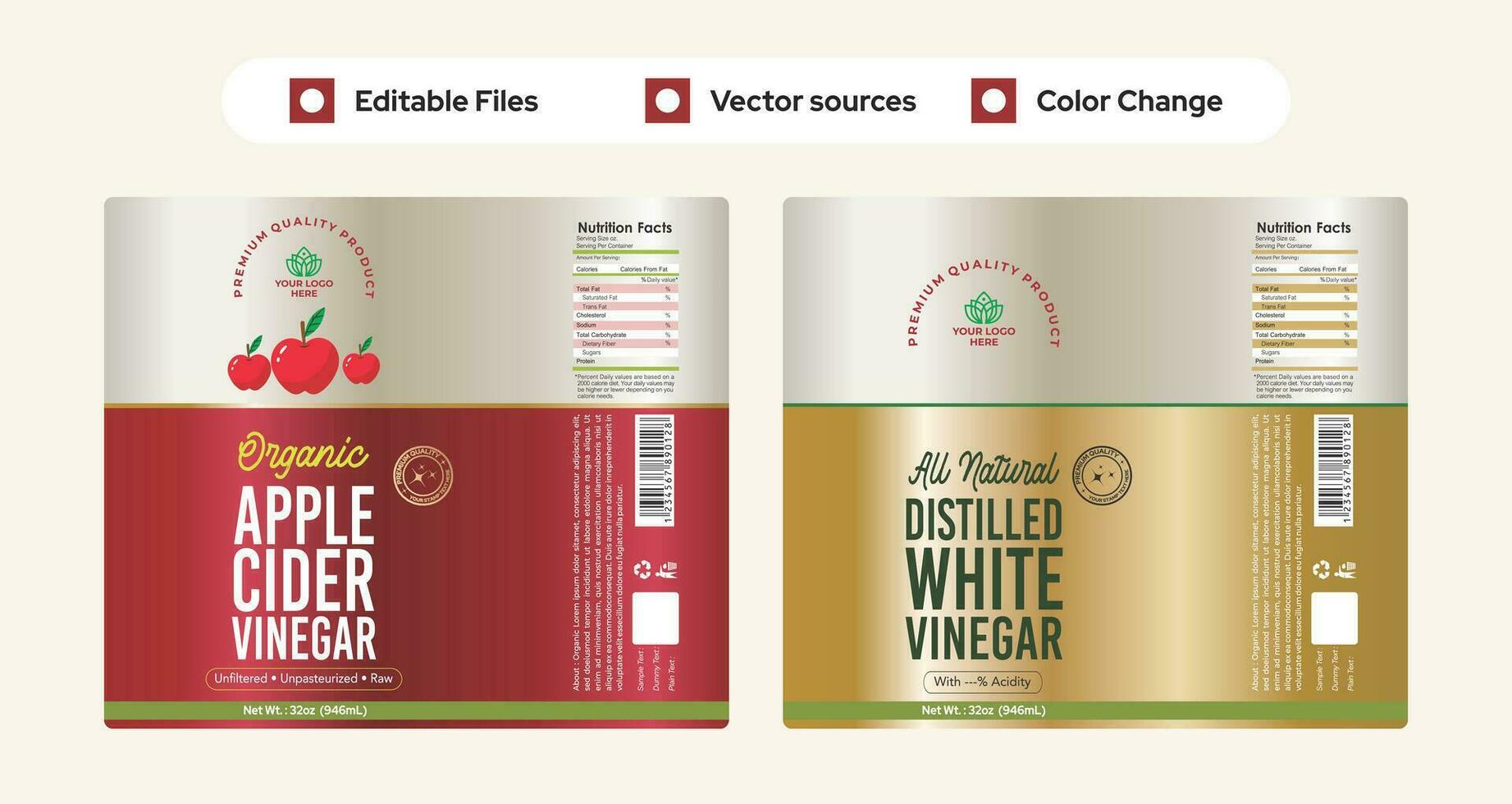 Apple cider vinegar label design, distilled white vinegar label packaging design, bottle label design, fruit vegetable vinegar, Natural organic product label packaging design, Premium Quality editable vector