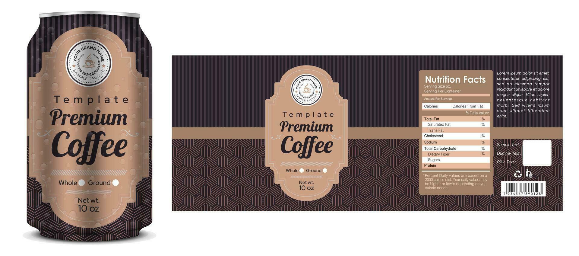Coffee can label design, roasted coffee drink packaging design, latte espresso cappuccino brown label template illustration, cold coffee drink editable vector file