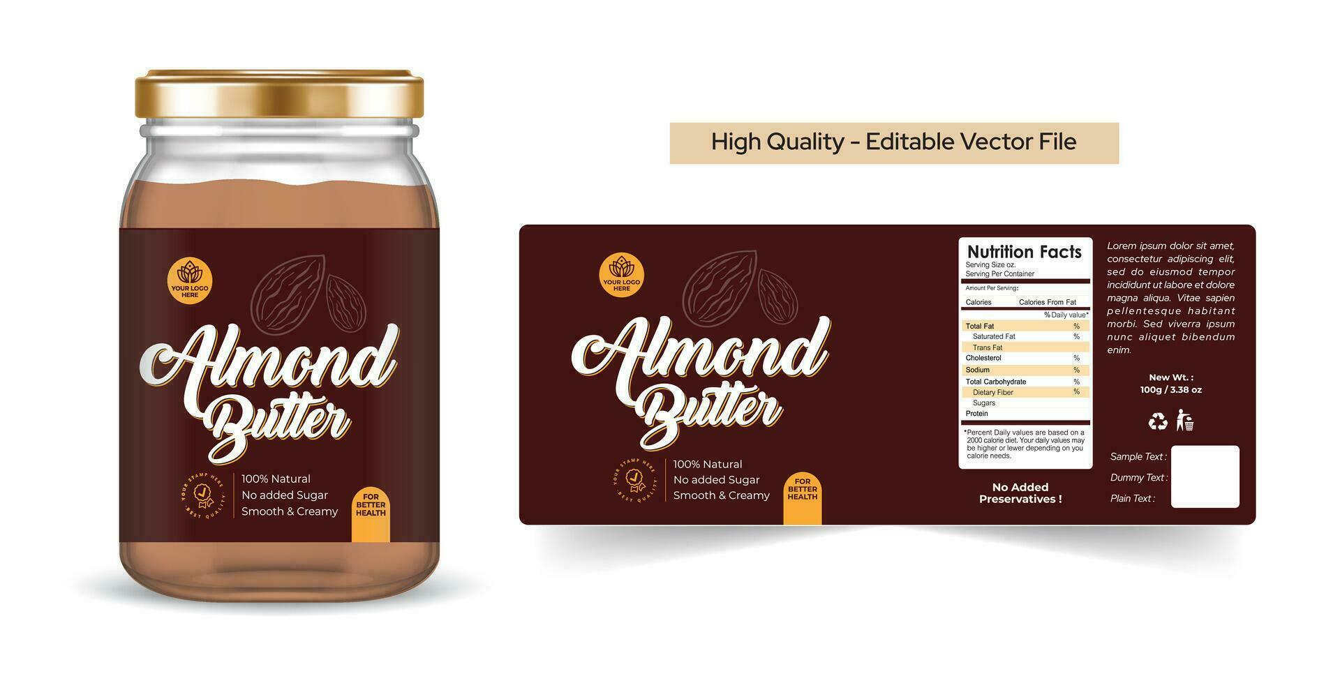 Premium Almond butter label design, Organic quality product Almond butter Jar label Illustration with realistic glass jar mockup. Almond butter logo minimalist packaging template design editable file vector