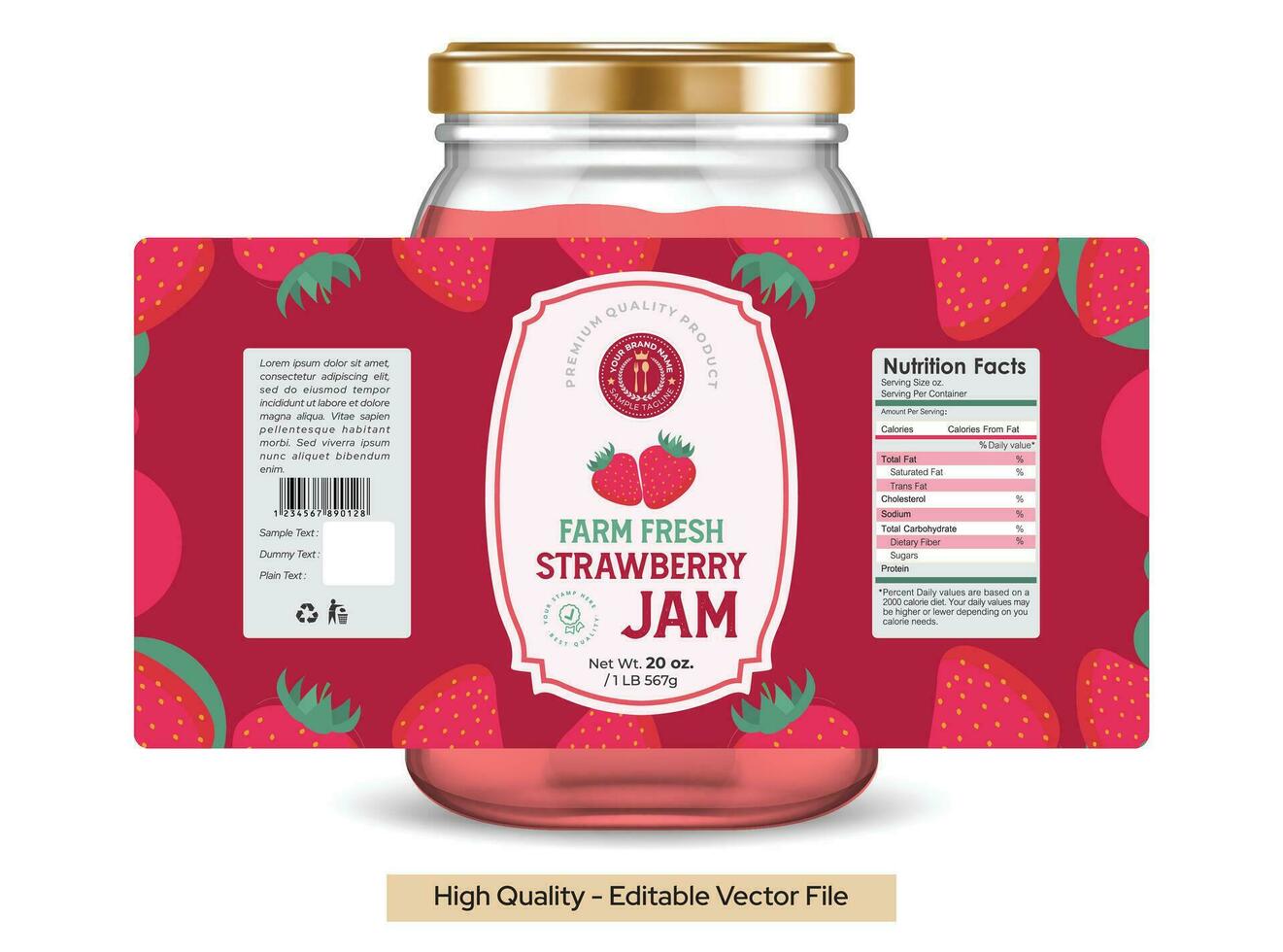 Strawberry Jam label design. Packaging design of the Strawberry Jam label with Jar mockup. Premium quality bread spread food editable label design vector illustration.