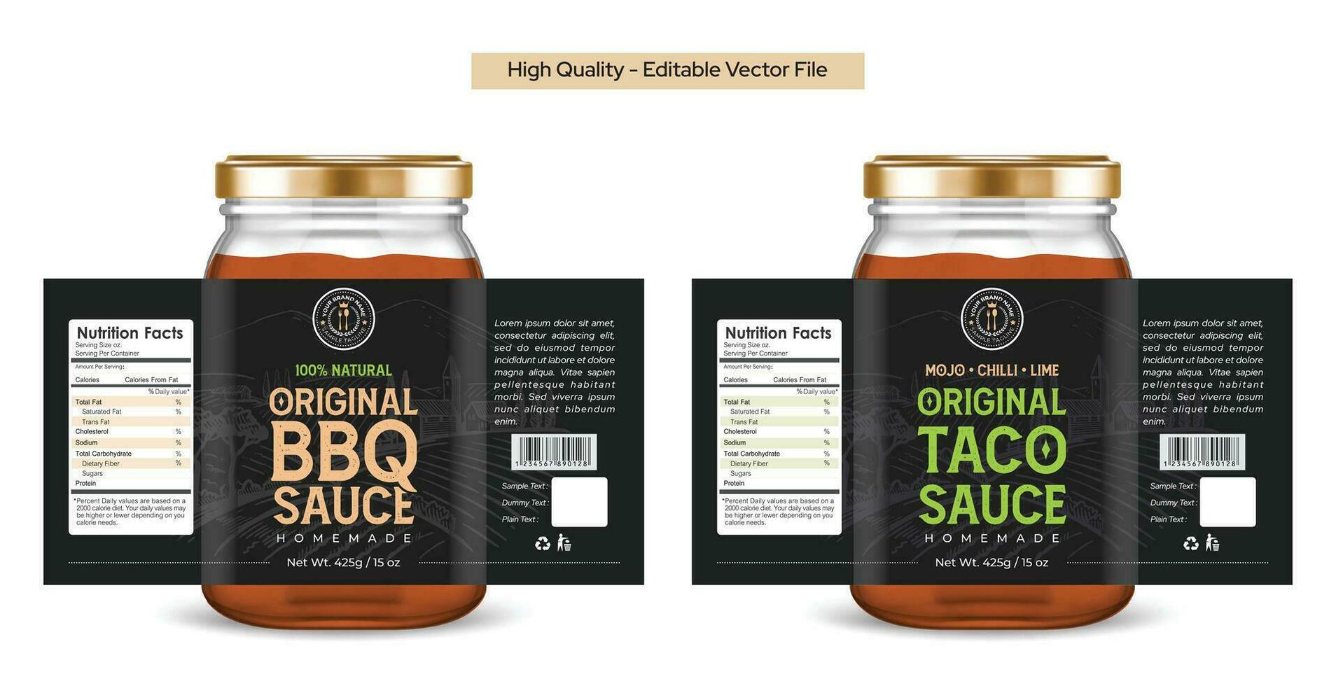 BBQ sauce label design, Taco sauce label design, Mexican food packaging, barbecue spicy sauce packaging label vector illustration. Black premium quality spice food label designs.