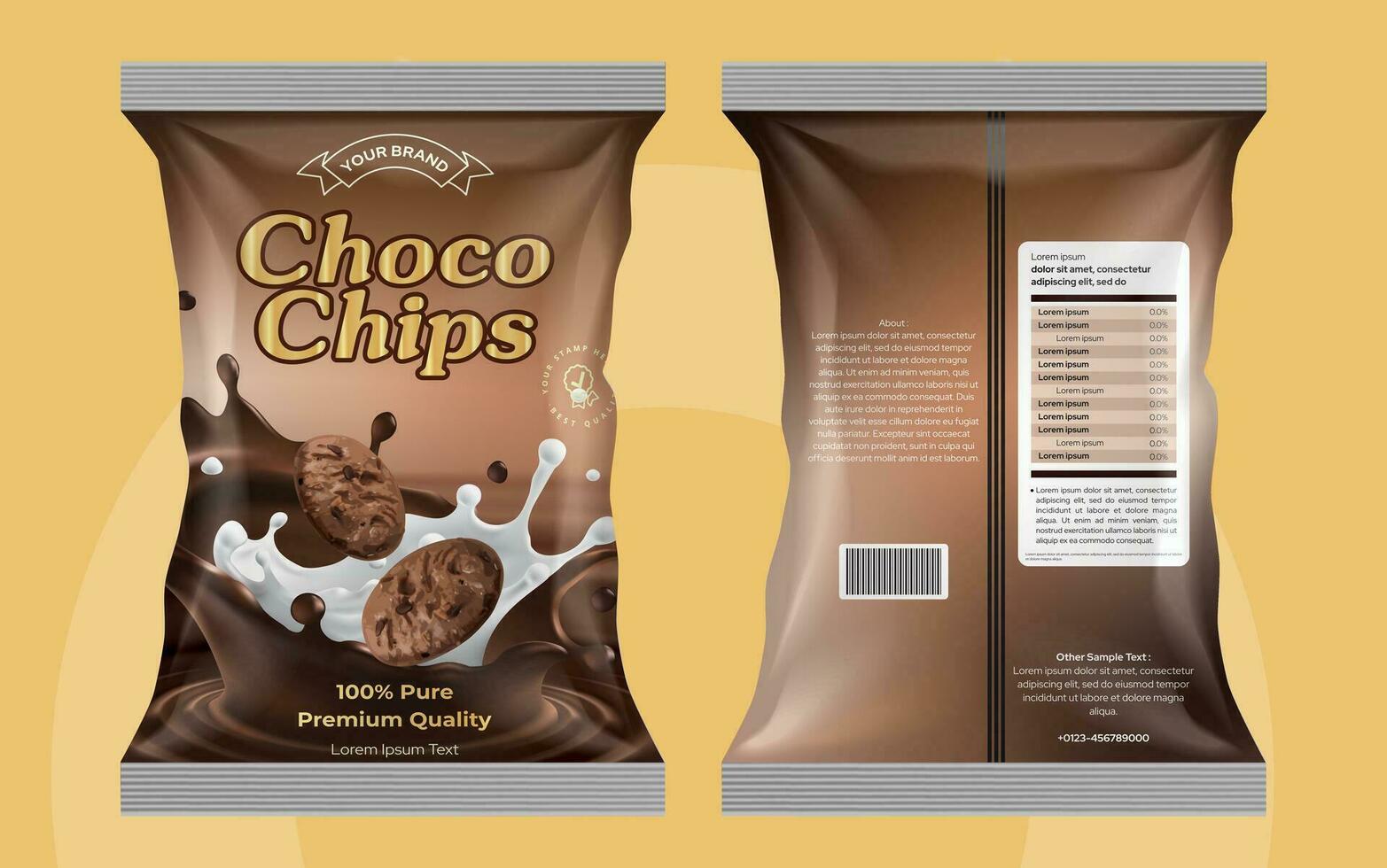 Choco chips pouch design, Chocolate cookies label design illustration vector art, biscuit packaging design, choco chocolate food package front back editable vector high-vector artquality file