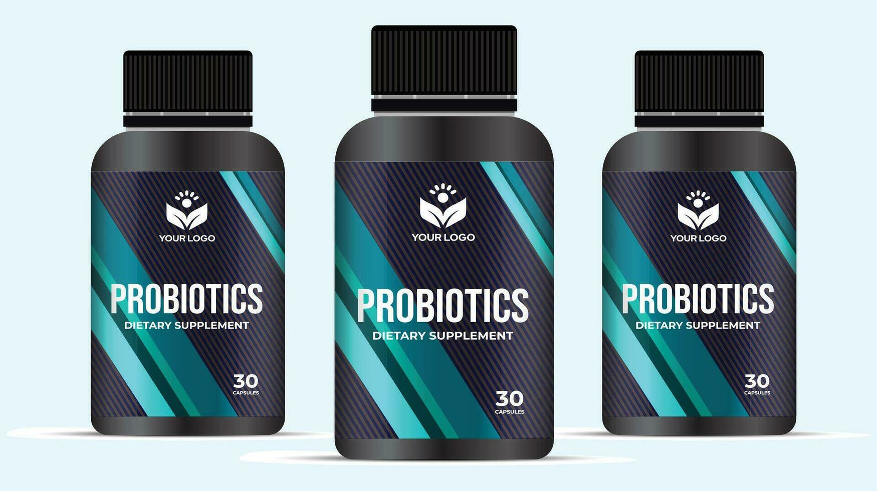 Probiotic Supplement Food Label Design Packaging Design. Private Label Healthy Food Package Design Mockup. Jar Sticker Probiotics capsules label design 3D Illustration. vector