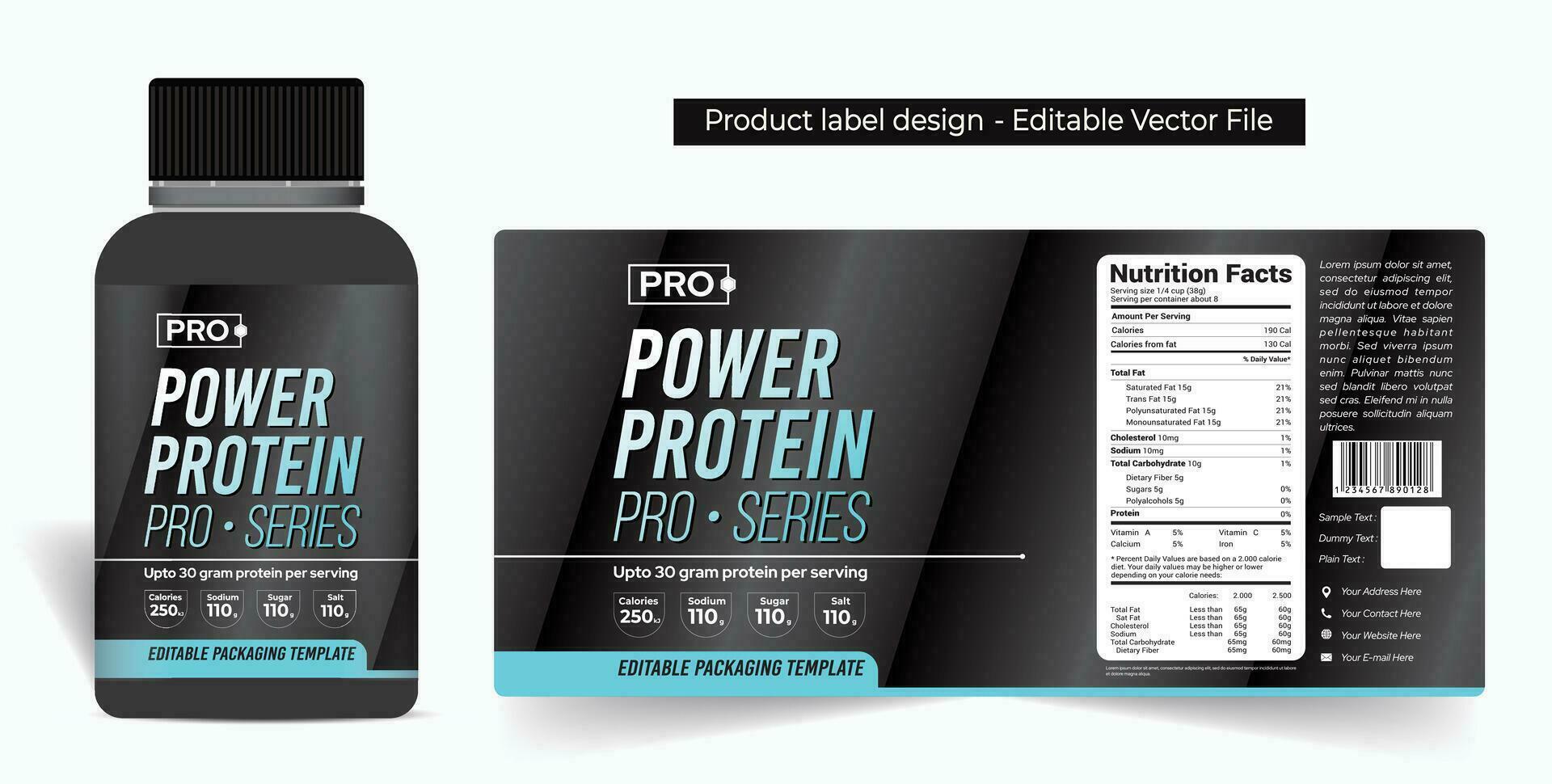 Protein powder label design, protein shake jar packaging design, healthy supplement whey protein gym product label design sports nutrition power pills capsule label premium quality editable file vector