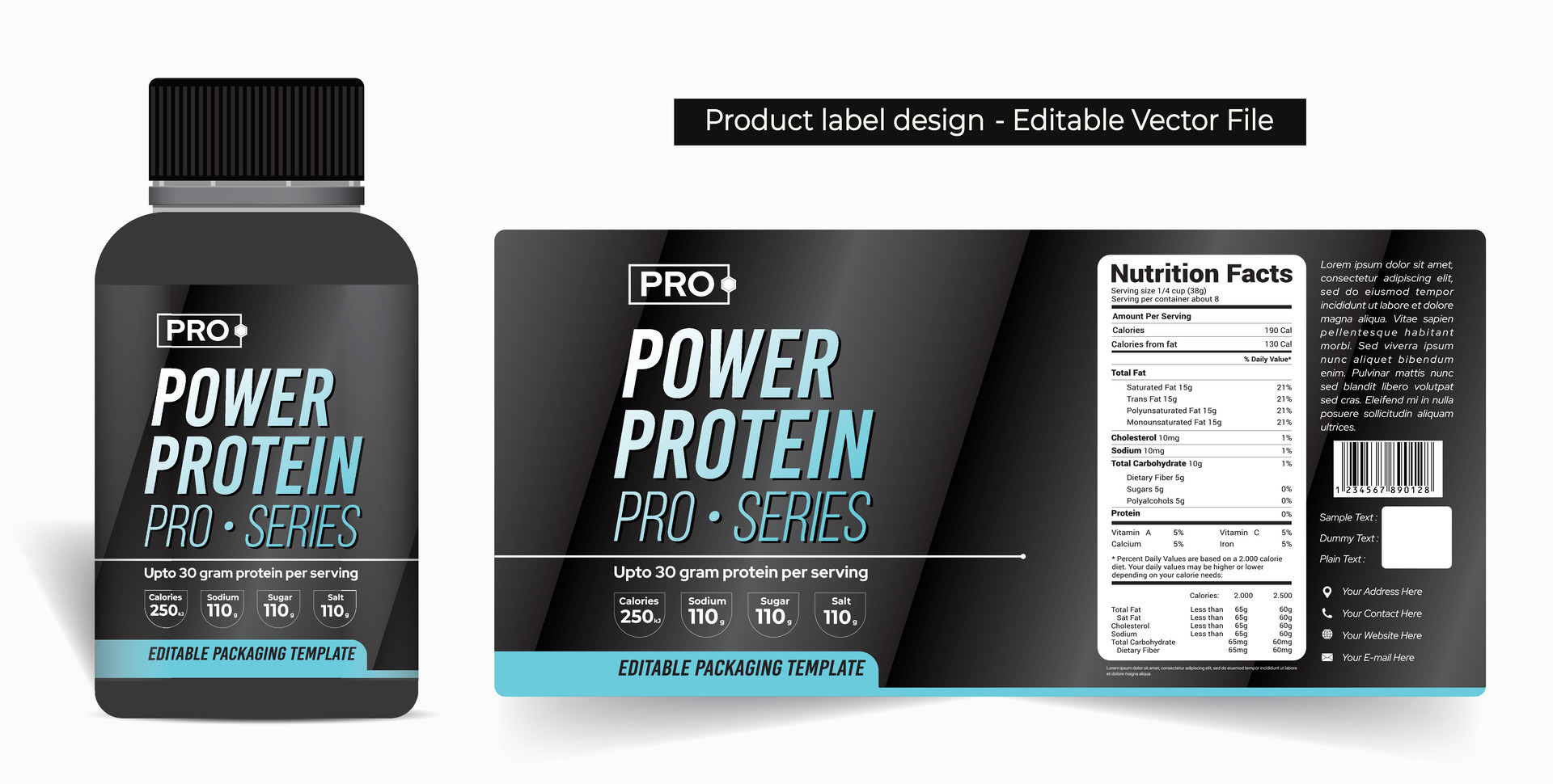 Protein powder label design, protein shake jar packaging design, healthy supplement whey protein