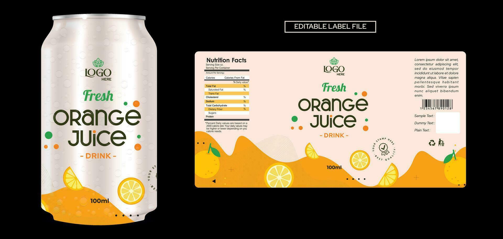 Orange Juice label design, soft drink bottle label design. Soda can vector. Energy drink label design. Orange flavor fruit juice label template design vector