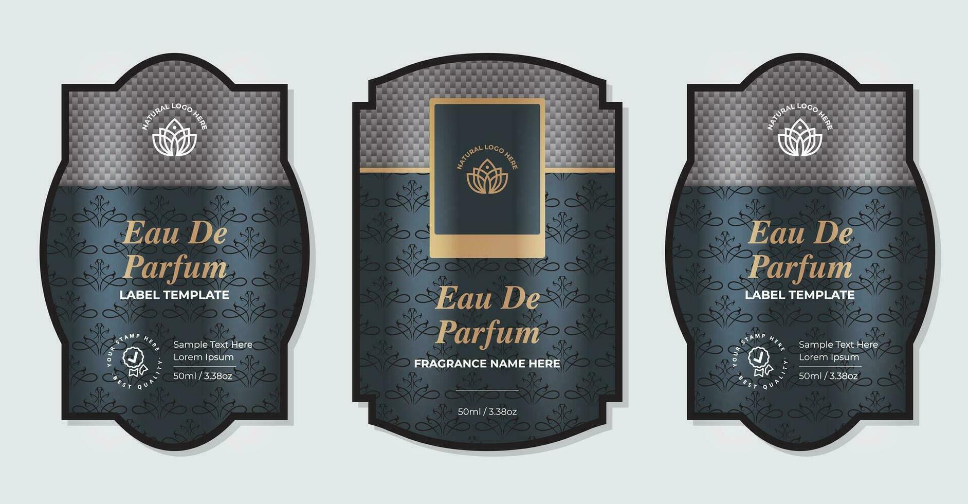 Perfume Label Design Packaging Design Set luxury products packaging, Eau De Perfume, Fragrance, Cosmetics Line golden backgrounds, floral patterns Illustration vector