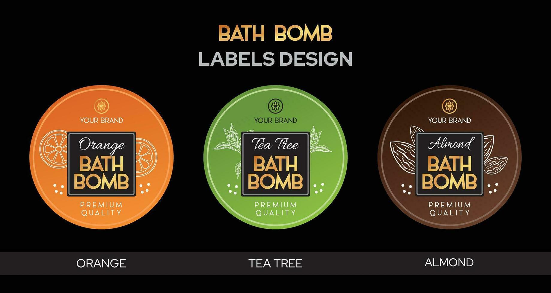 bañera bomba etiquetas diseño, naranja bañera bomba, té árbol almendra bañera bomba etiquetas alto calidad editable vector archivo puro y natural jabón embalaje diseño, aromaterapia hecho a mano jabón etiqueta diseño