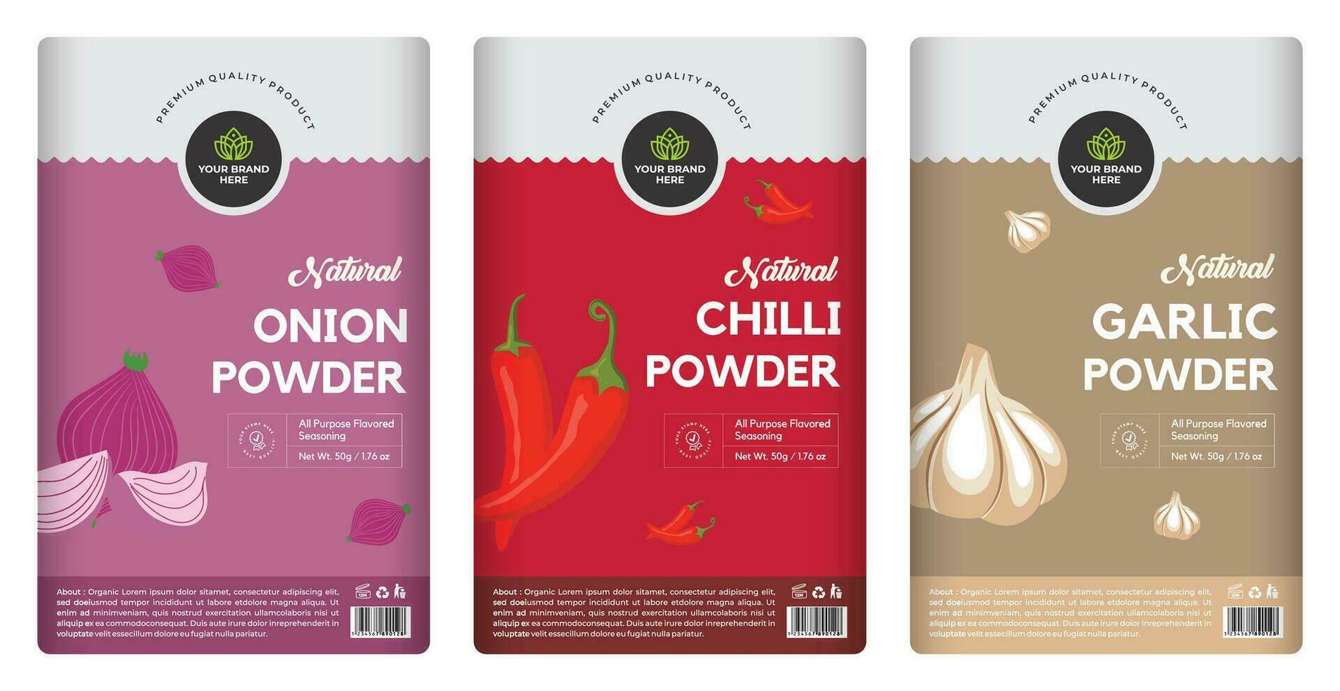 Onion powder Chilli powder Garlic powder labels design, spice label collection box design, spice seasoning label template vector. Abstract vector packaging design layout set with realistic shadow