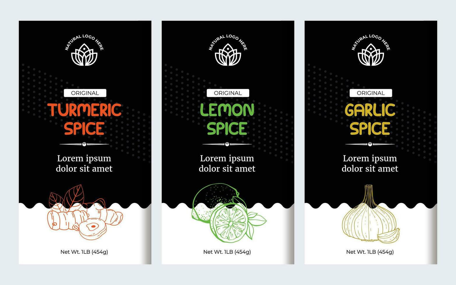 Spice Box Design Turmeric Label Lemon Label Garlic Spice Label Designs. Abstract Vector Labels Template Set. Hand Drawn Sketch Herbs, Spice Background and Minimal Style.
