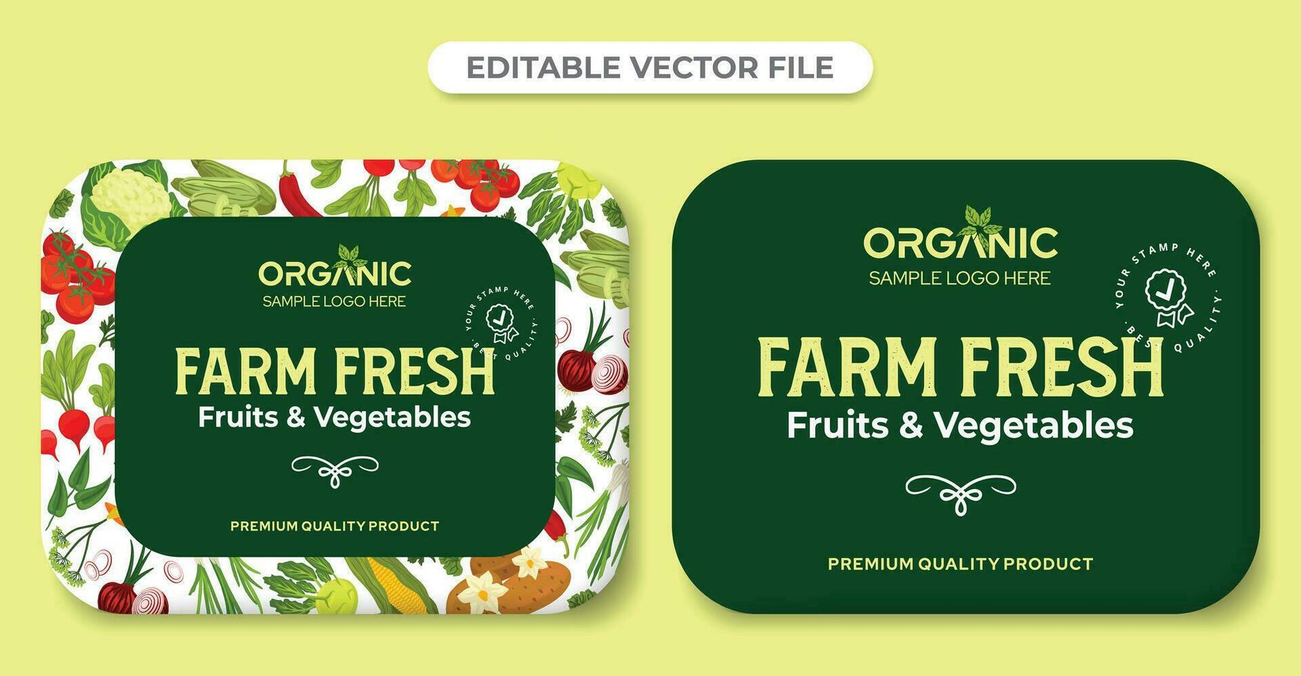 fruits and vegetables labels sticker design, farm fresh fruits label design, vegetable packaging design, box of fruit and vegetable with pattern natural organic green editable vector file download