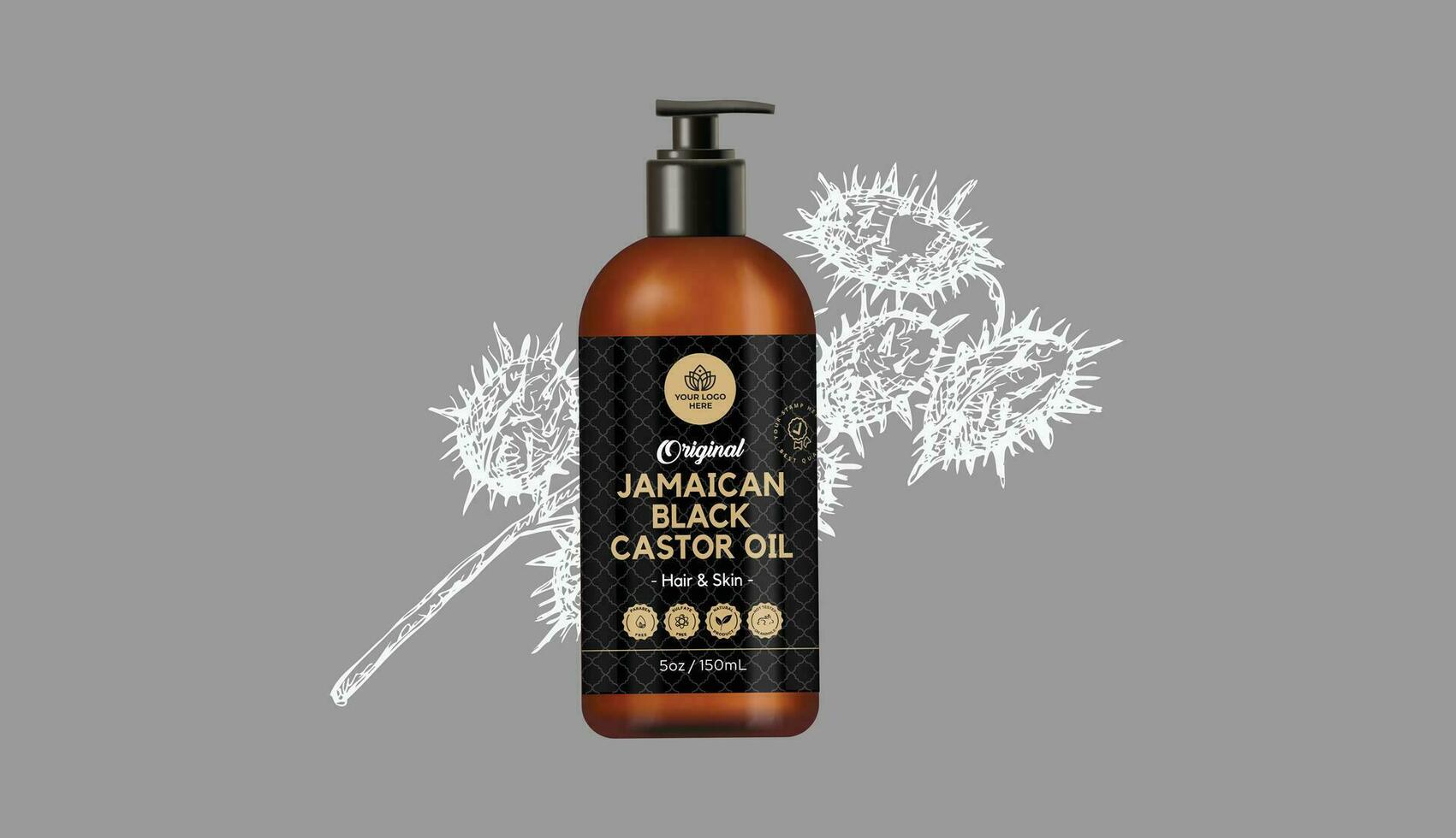 Jamaican Black Castor Oil with amber bottle label and mockup banner design for social media and website, hair care oil label black and gold cosmetic premium quality packaging editable vector file