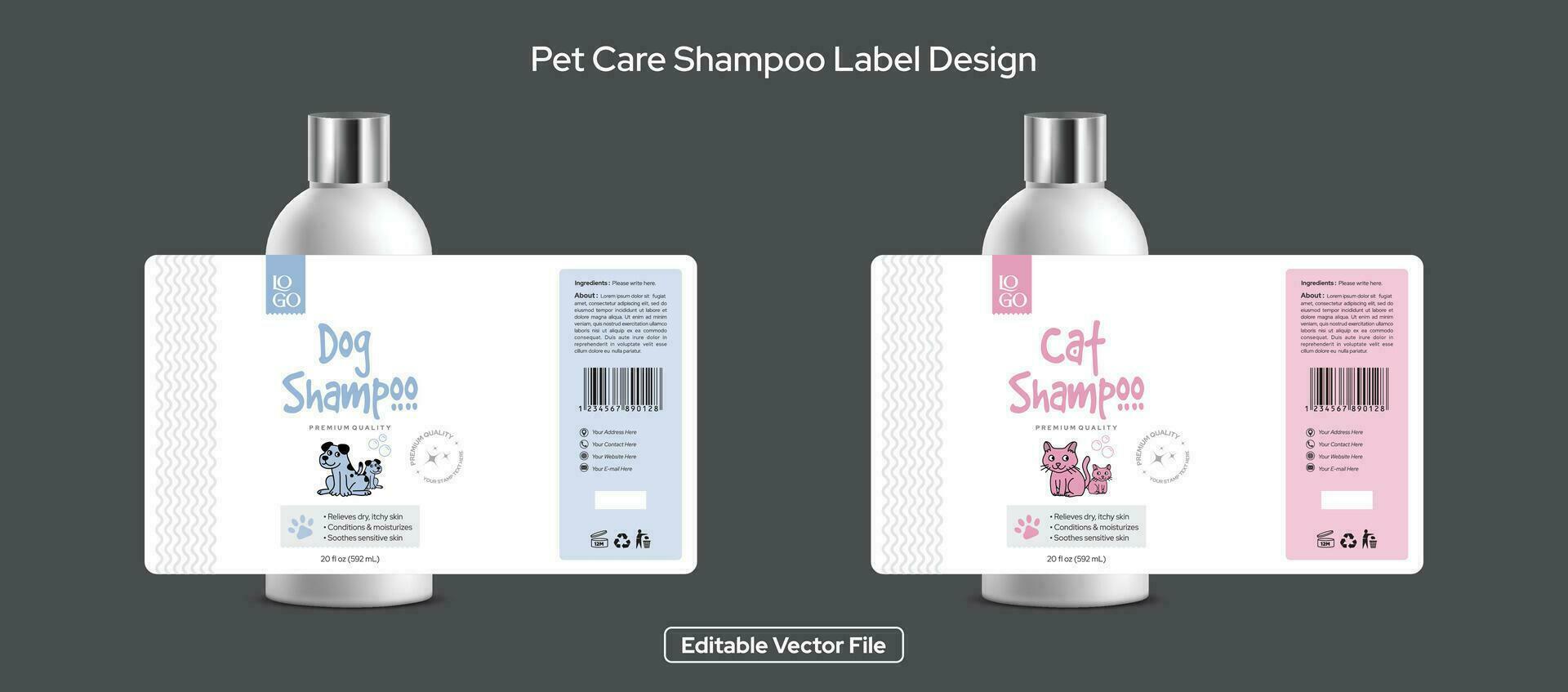 Dog shampoo label design, Cat shampoo label design, Pet care products label design, packaging design, Editable vector file bottle label illustration