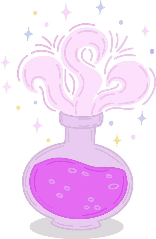 Vector illustration of a magic elixir. A bottle with a magic elixir for love spells, witchcraft and divination. Magical illustration and alchemy. A bottle with a miracle potion.