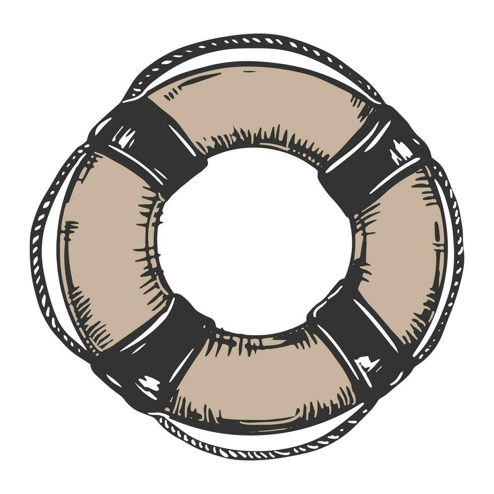 The lifebuoy is tied with a rope. Rescue tool in engraving style. The concept of help and support, survival. Vintage vector illustration. Clipart for packaging design in a marine style.