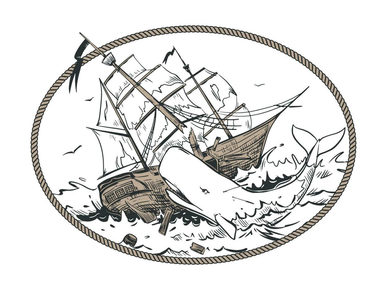 el blanco esperma ballena ataques el barco. el mítico monstruo responsable para el naufragio. vector ilustración en grabado estilo. composición establecido en el leyendas de marineros en un oval cuerda marco.