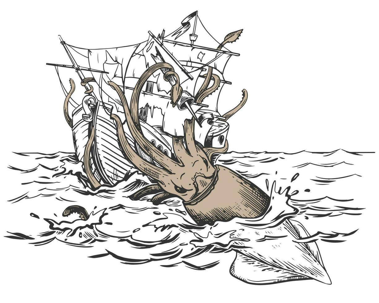 The legendary kraken is attacking the ship. Mythical monster. huge squid drags a sailboat under the water. Vector illustration in engraving style. Composition based on the legends of sailors.