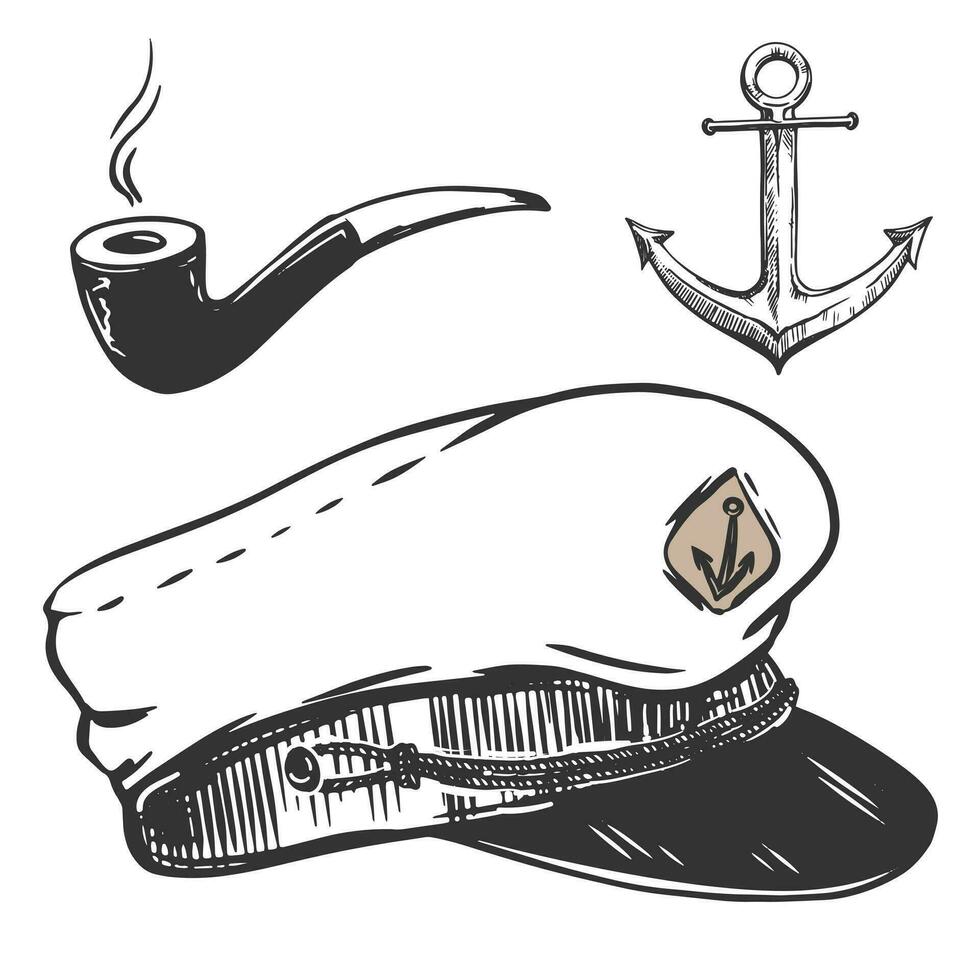 Nautical elements set. Vector captain's cap, smoking pipe, metal anchor. Monochrome illustration in engraving style. Package design elements, sea restaurant menu.