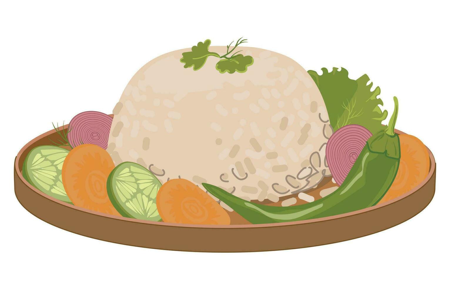 Boiled rice and vegetables on a platter. Vector, flat style. A traditional side dish or main dish in Asia and Japan. White fluffy basmati rice in a bowl. vector