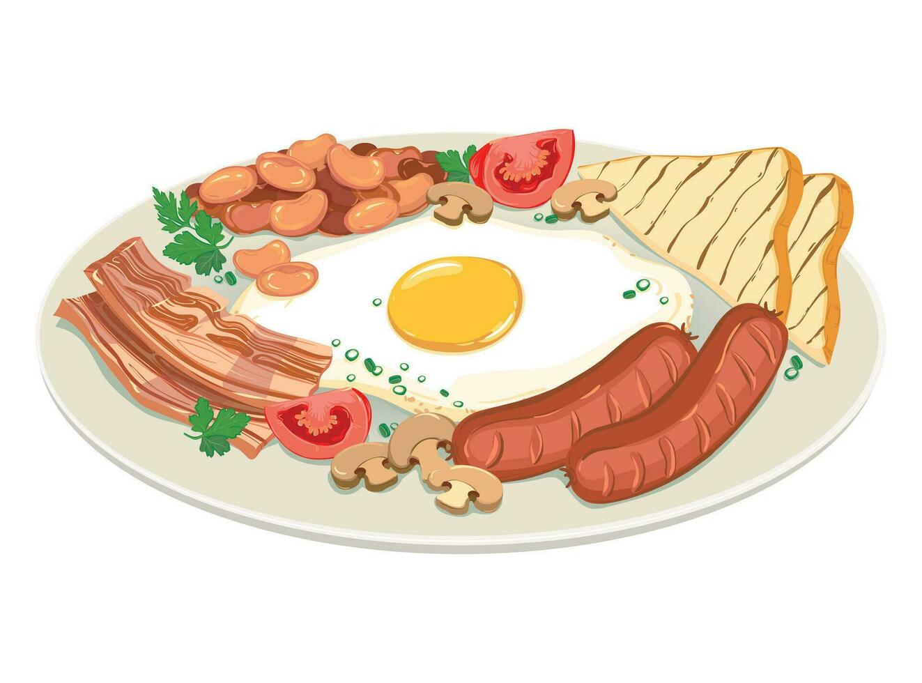 Inglés desayuno tostada, huevo, tocino, salchichas, frijoles y vegetales vector