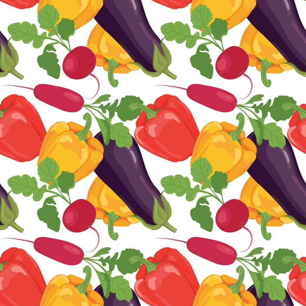 Vegetable seamless pattern. Vector products in flat style. Eggplant, bell pepper, radish and celery on a white background. Design for wallpaper, fabric, packaging.