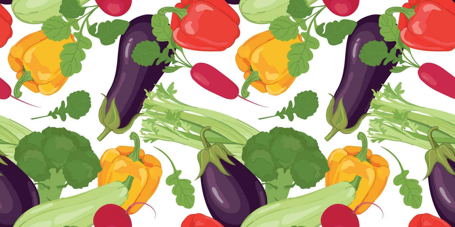 Vegetable seamless pattern. Vector products in flat style. Eggplant, zucchini, broccoli, bell pepper, radish and celery on a white background. Design for wallpaper, fabric, packaging.