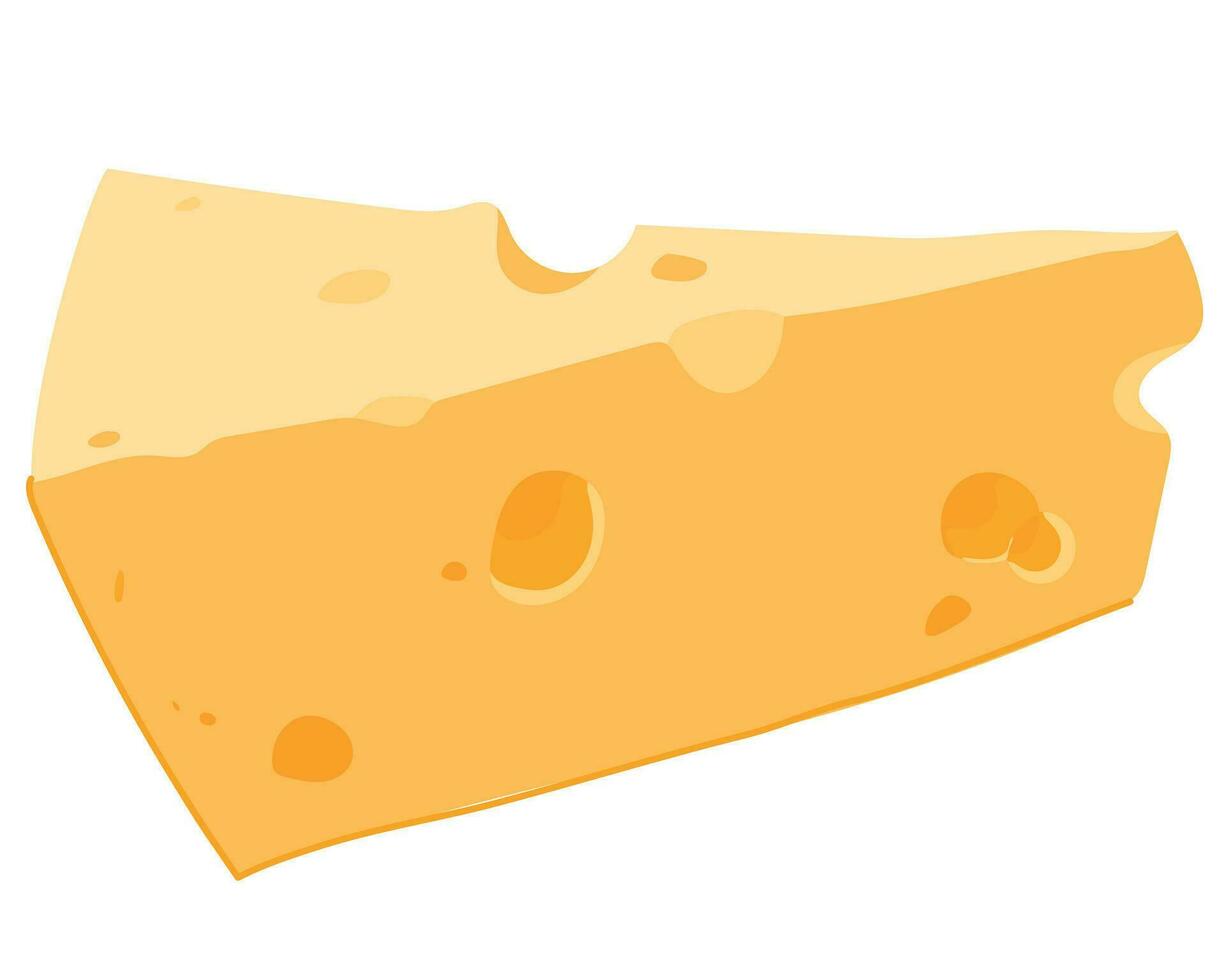 Cheese with big holes. Vector illustration isolated on white background. Triangular piece of dairy product. Porous Dutch cheese Maasdam in flat style.