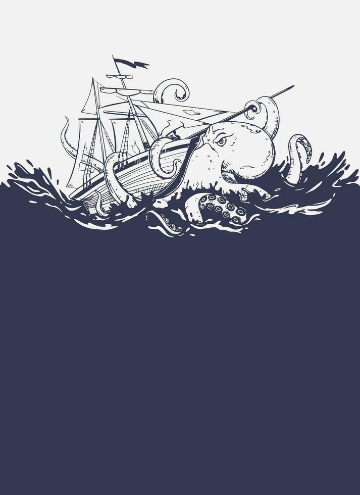 An enraged kraken attacks a commercial sailboat. Mythical monster from the dark depths. The octopus wraps its tentacles around the sailboat and pulls it to the bottom. Vector image.