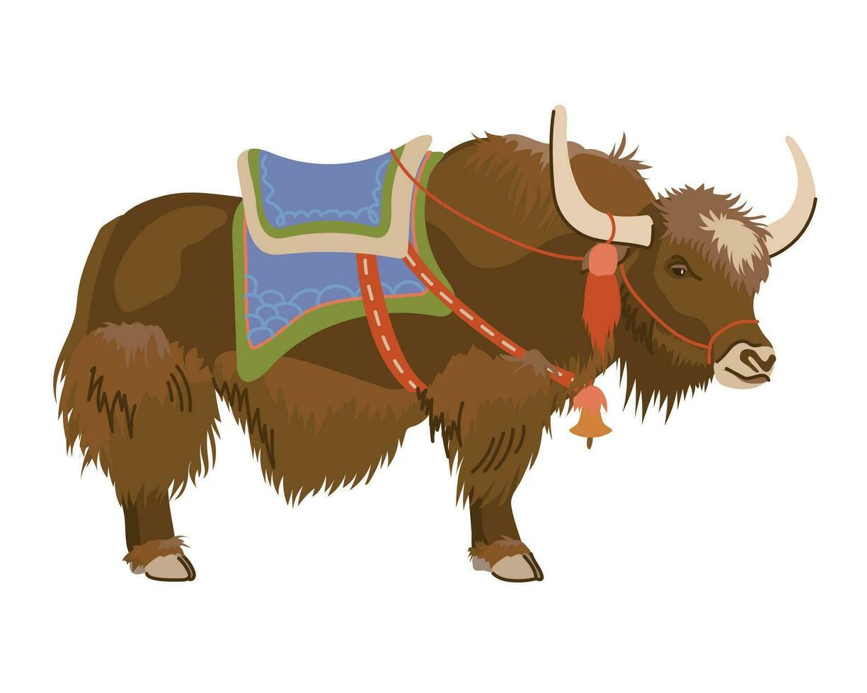 un marrón yak con un ensillar en sus atrás. vector, plano estilo. un mascota usado para viaje y carga transporte en Tíbet, Nepal y porcelana. ganado, En Vivo en un montañoso área. vector