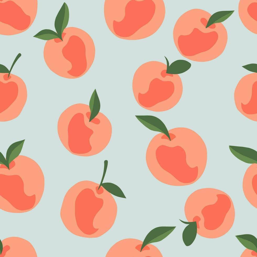 Peaches seamless pattern randomly located on a blue background. Chubby Peach with leaf pattern for fabric, paper, textile, cover, notebook. Vector peach modern illustration.
