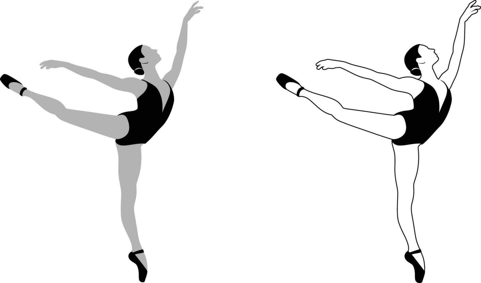 Ballerina on one leg, dancer performing, female dancer a danseuse, dancing girl silhouette black and white stock vector image