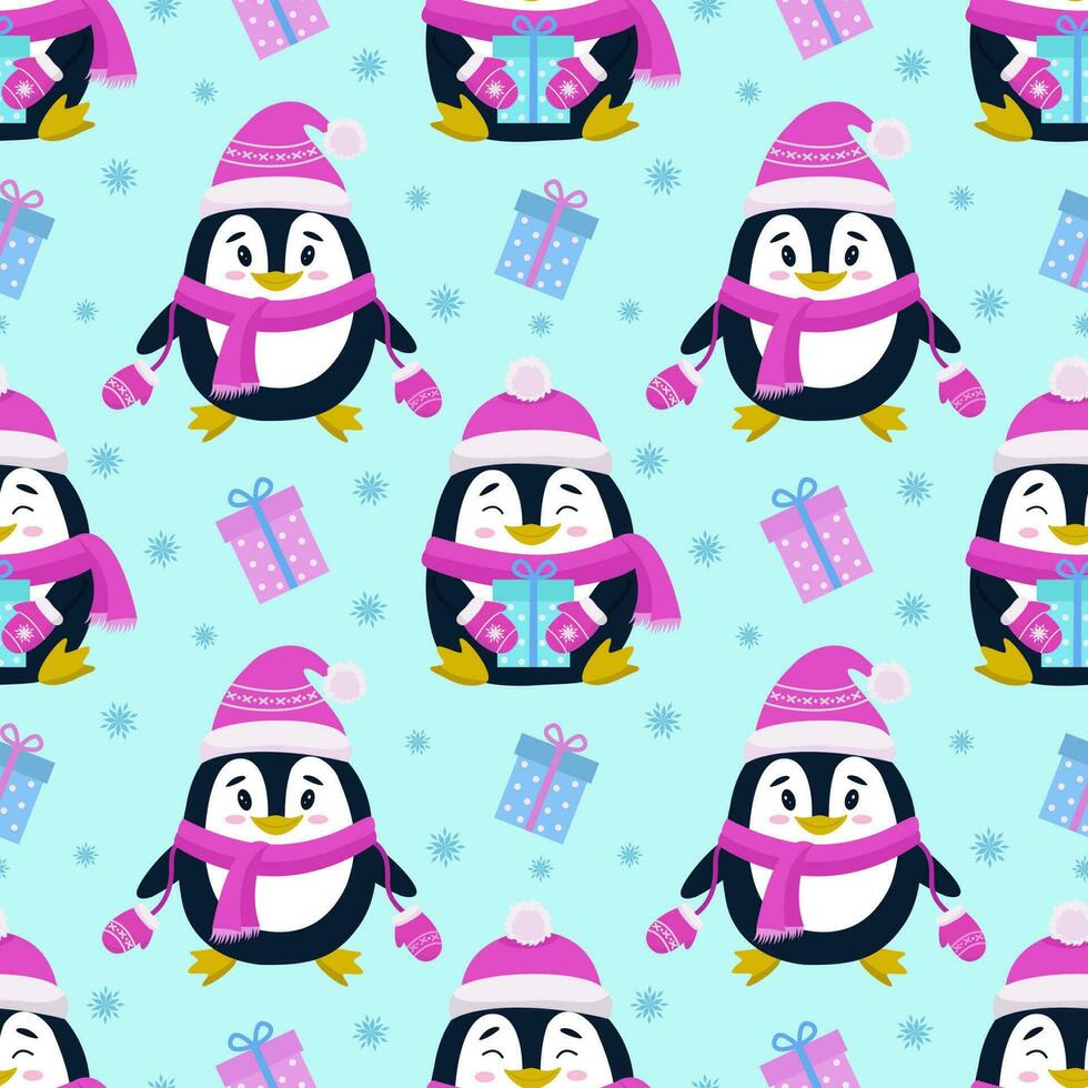 vector de patrones sin fisuras con la imagen de pingüinos, regalos y copos de nieve. impresión de vectores sin fisuras en tejidos infantiles, papel pintado, textiles, embalaje, diseño.