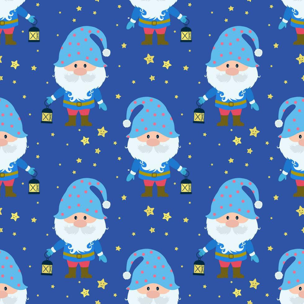 Vector seamless pattern with the image of a gnome, a lantern and stars. Seamless vector printing on children's fabrics, wallpaper, textiles, packaging, design.