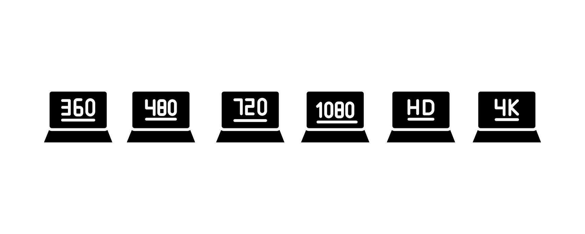 Collection of screen resolution icons on laptop. Monitor size symbols.360,480,720,1080, Hd, 4K, screen and TV quality. Vector illustration.. isolated on white background.
