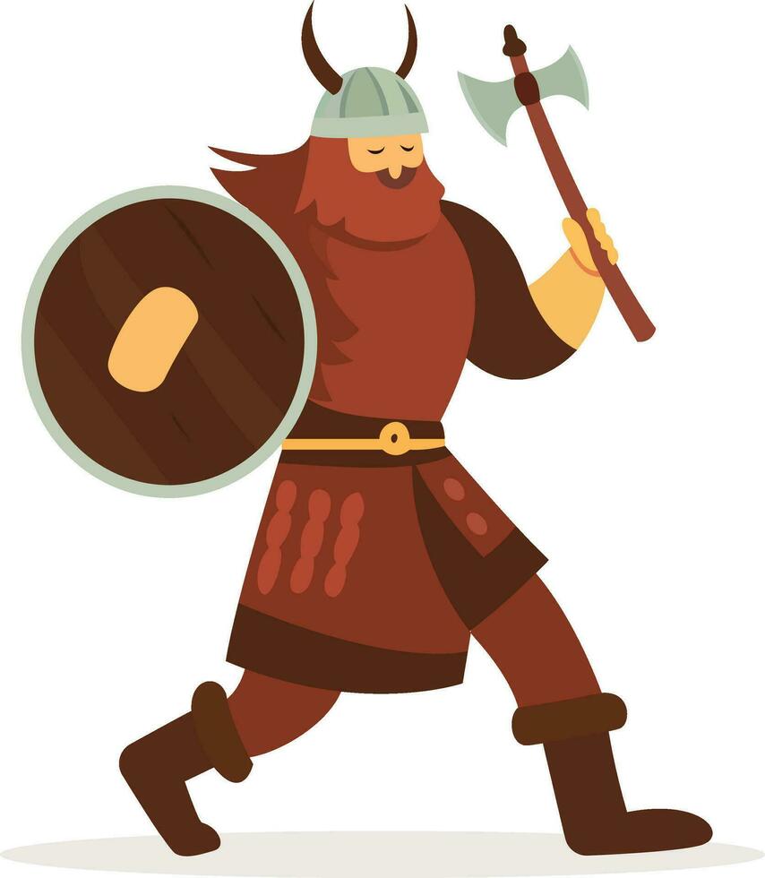 Viking fighter going to war flat style vector illustration, Viking warrior wearing a Viking helmet, holding a shield and waving an axe, flat style stock vector image