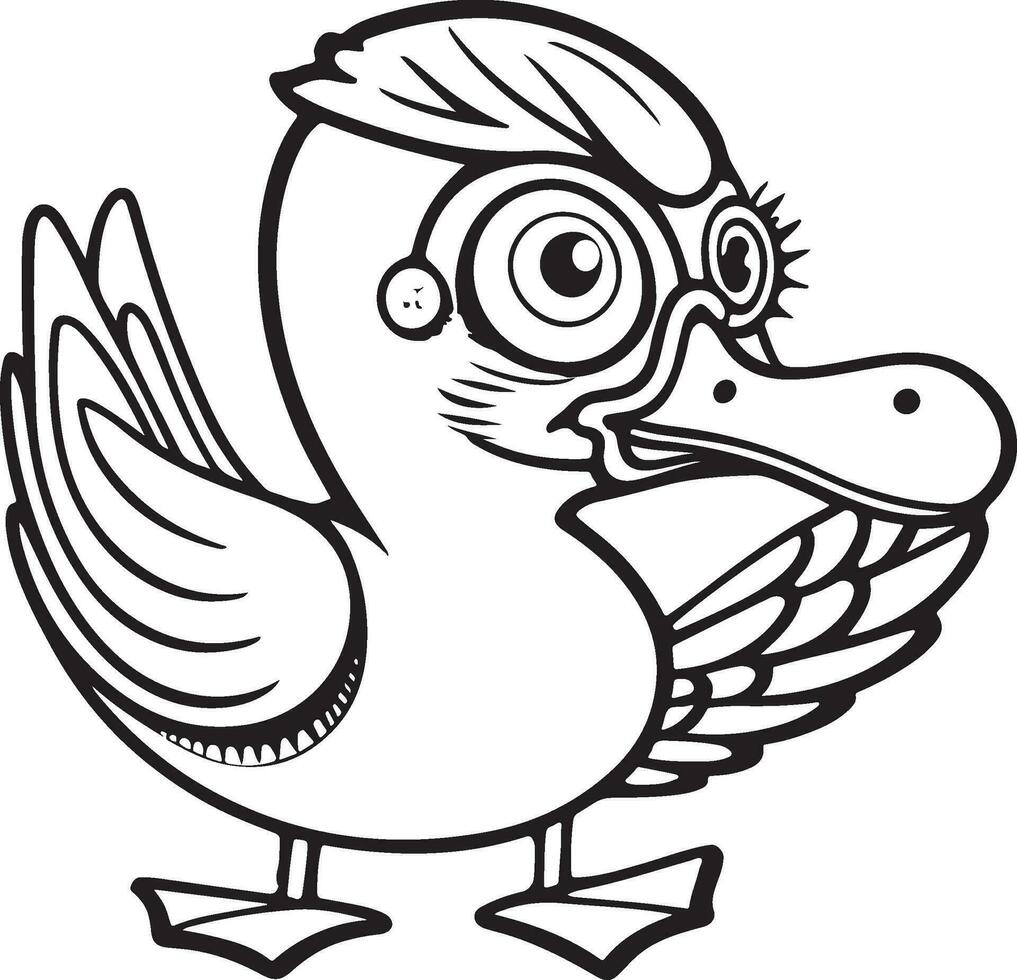 Black and white illustration for coloring animals, coloring book and cute duck. vector