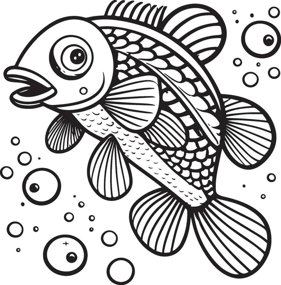 Black and white illustration for coloring animals, coloring book and cute fish. vector