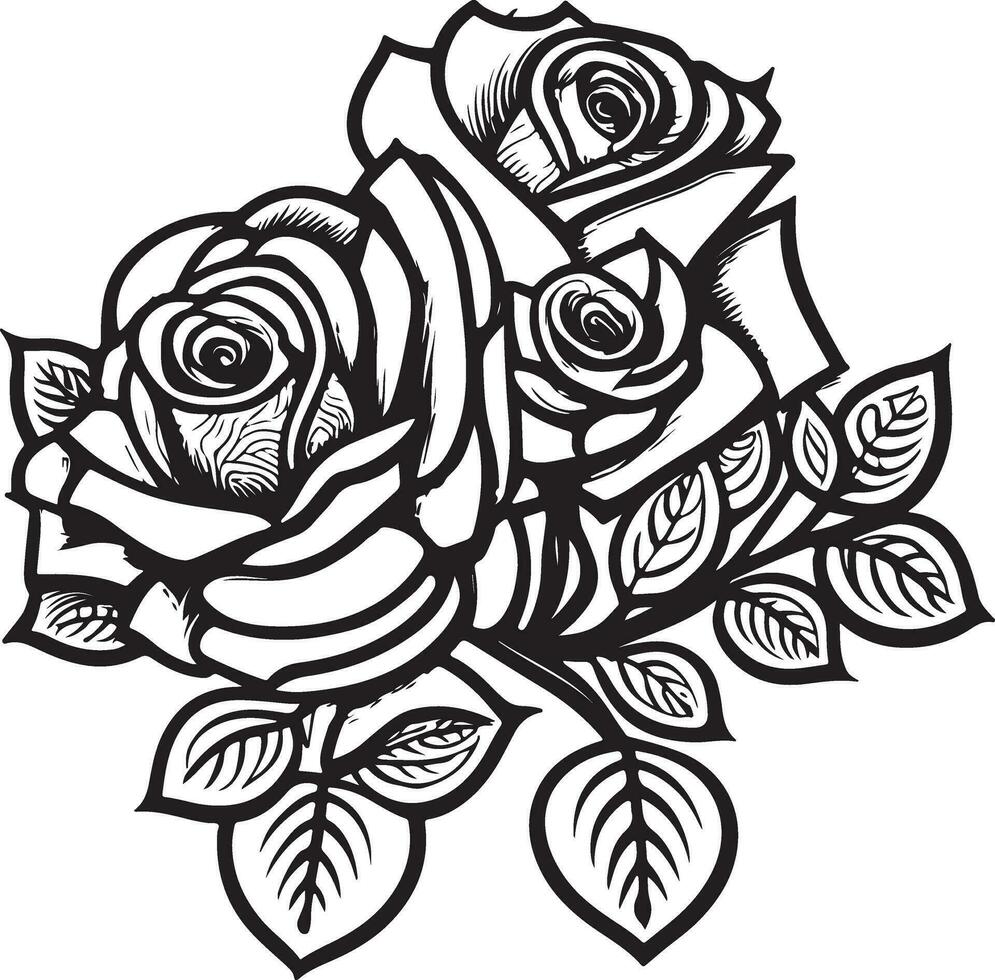 Rose Flower Clipart Black White Images. Hand drawn roses. Sketch rose flowers with leaves vector