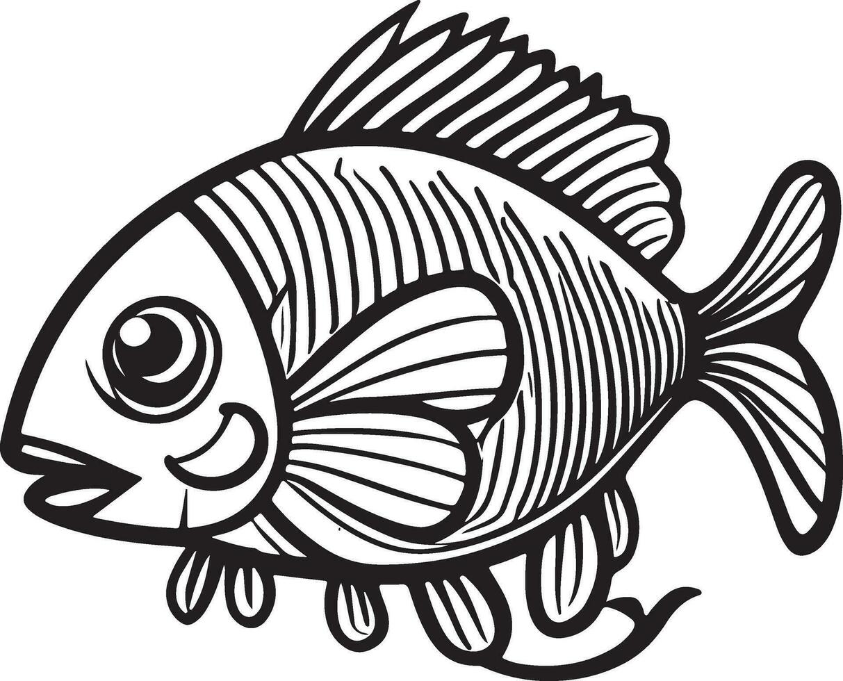 Black and white illustration for coloring animals, coloring book and cute fish. vector