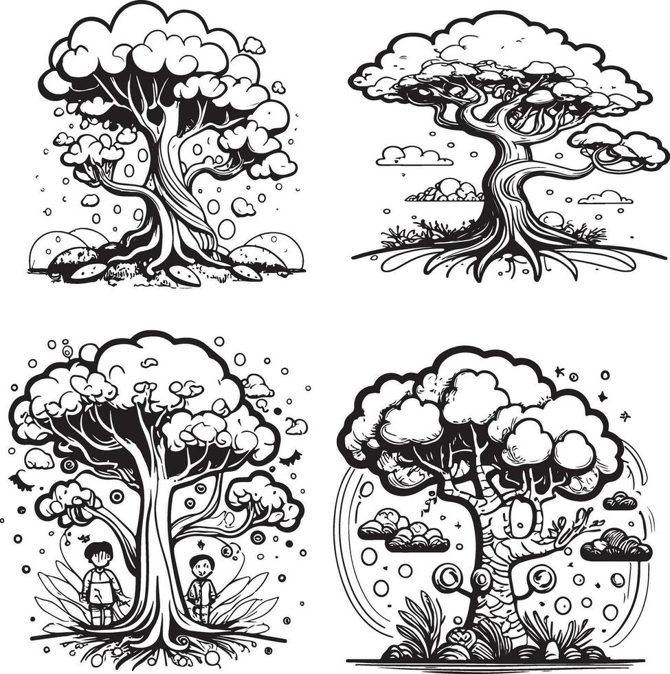 4árbol dibujos animados colorante página ilustración vector. para niños colorante libro. vector