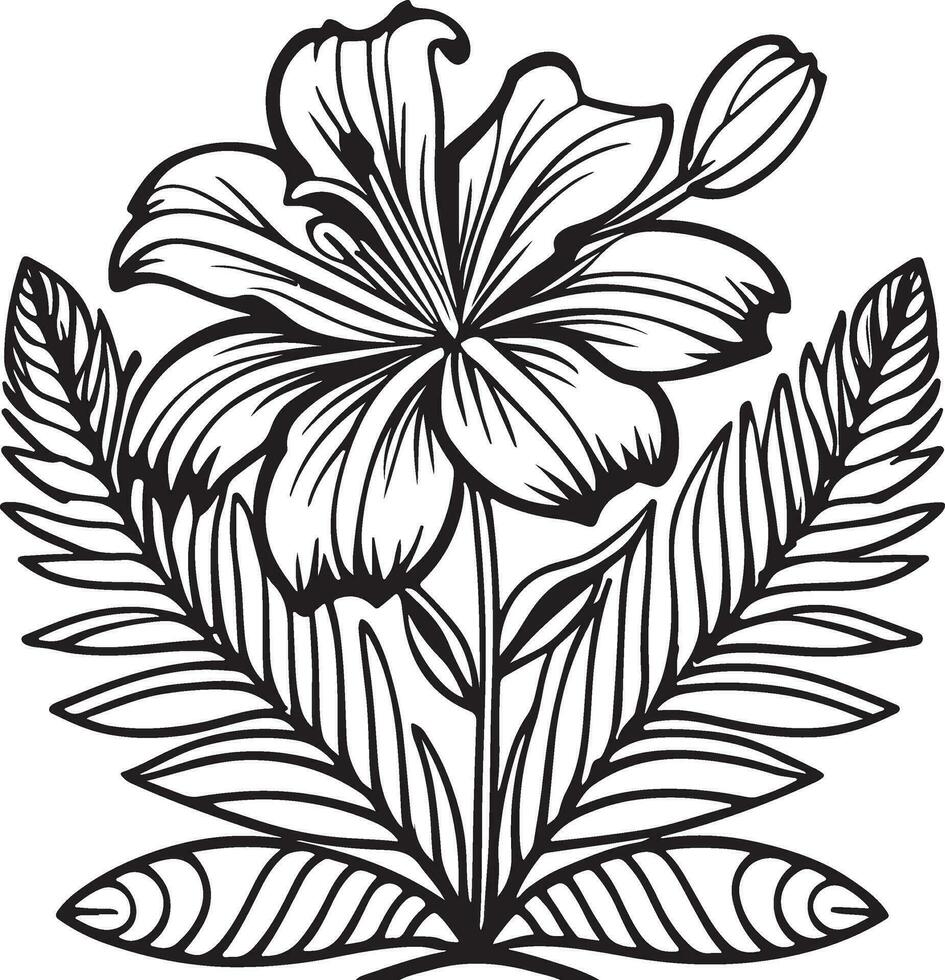 Coloring page with Lilies and leaves. Vector page for coloring. Flower Colouring page. Outline Lilies . Black and white page for coloring book.