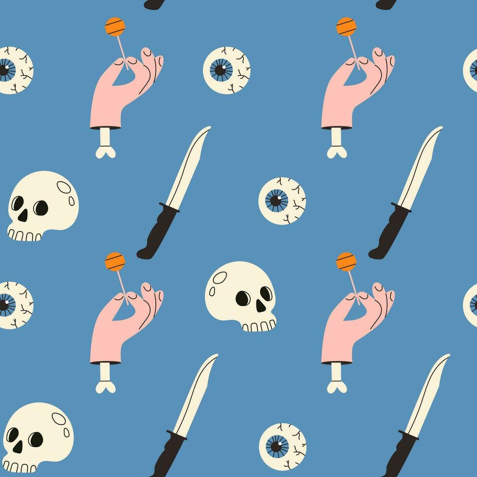 Bright seamless Happy Halloween pattern. Print with skulls with knives, zombie hands on a blue background. Design elements in flat style. Vector stock illustration. Design elements in flat style.