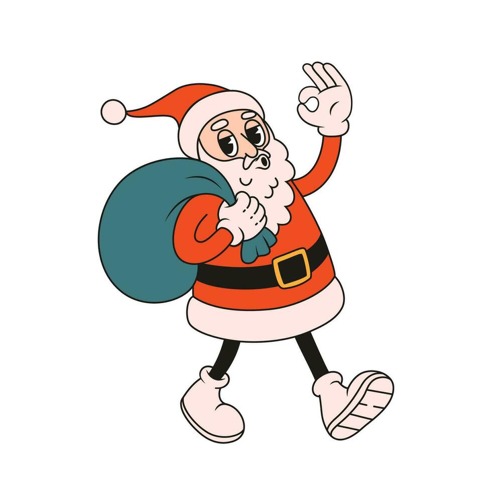 Funny Santa Claus character with gift bag. Groovy vector illustration in retro style.
