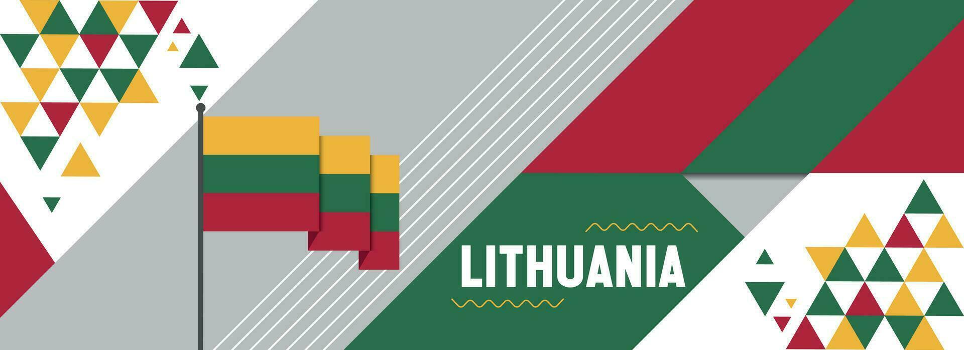 Lithuania national or independence day banner design for country celebration. Flag of Lithuania with modern retro design and abstract geometric icons. Vector illustration.