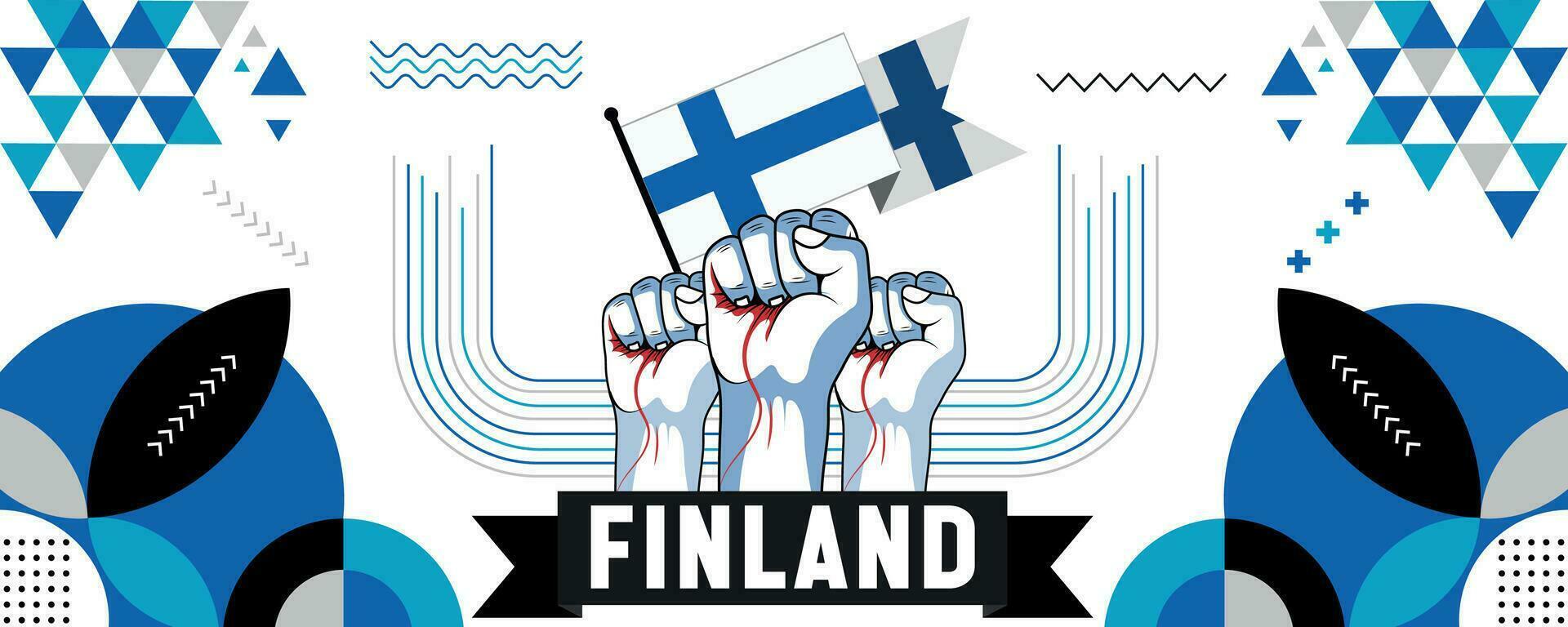 Finland national or independence day banner design for country celebration. Flag and map of Finland with raised fists. Modern retro design with abstract geometric icons. Vector illustration.