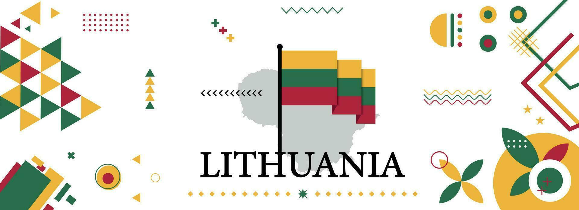 Lithuania national or independence day banner design for country celebration. Flag and map of Lithuania with modern retro design and abstract geometric icons. Vector illustration