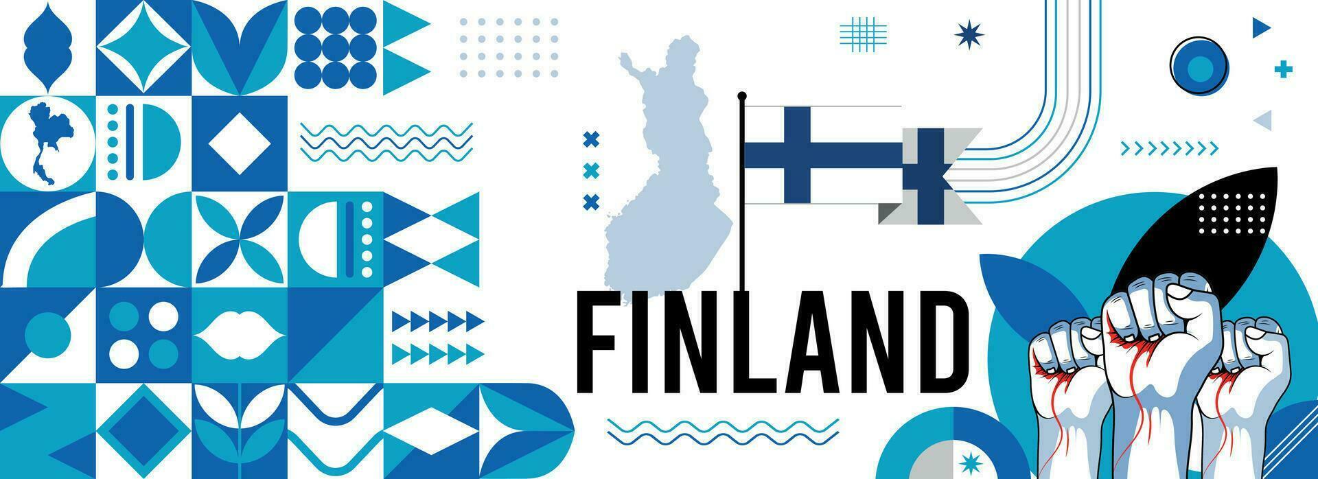 Finland national or independence day banner design for country celebration. Flag and map of Finland with raised fists. Modern retro design with abstract geometric icons. Vector illustration.