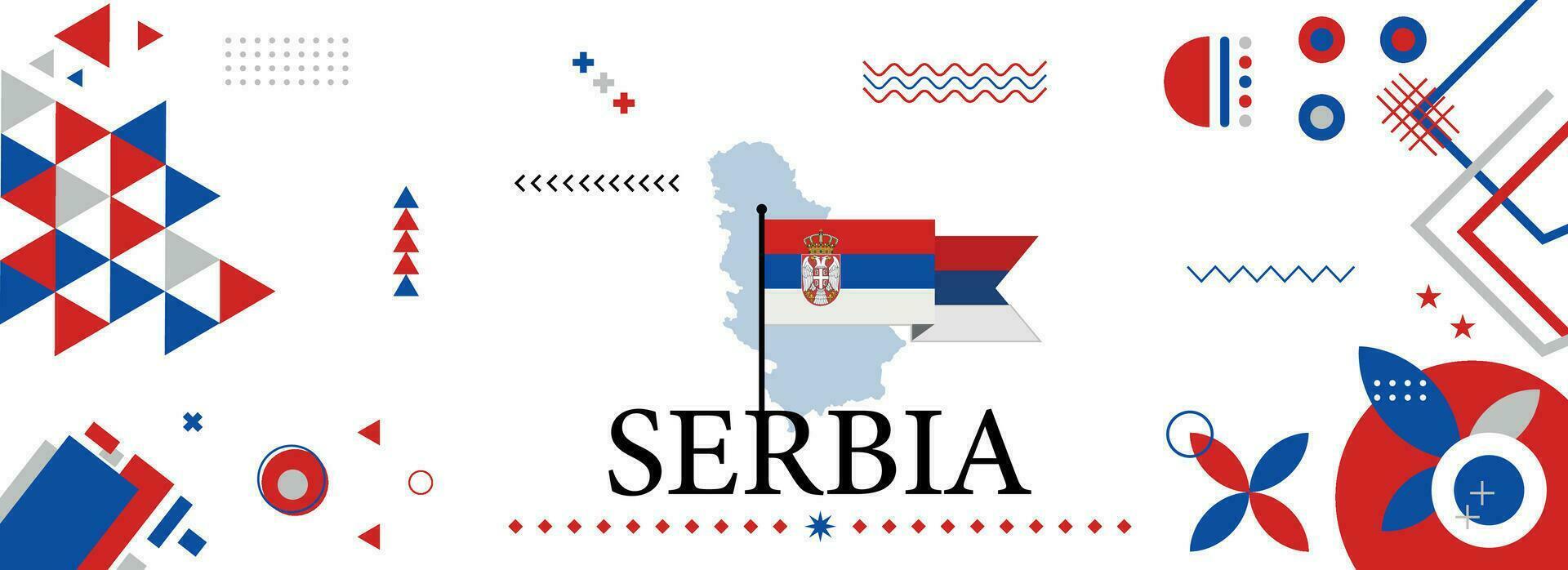 Serbia  national or independence day banner design for country celebration. Flag and map of Serbia with modern retro design and abstract geometric icons. Vector illustration